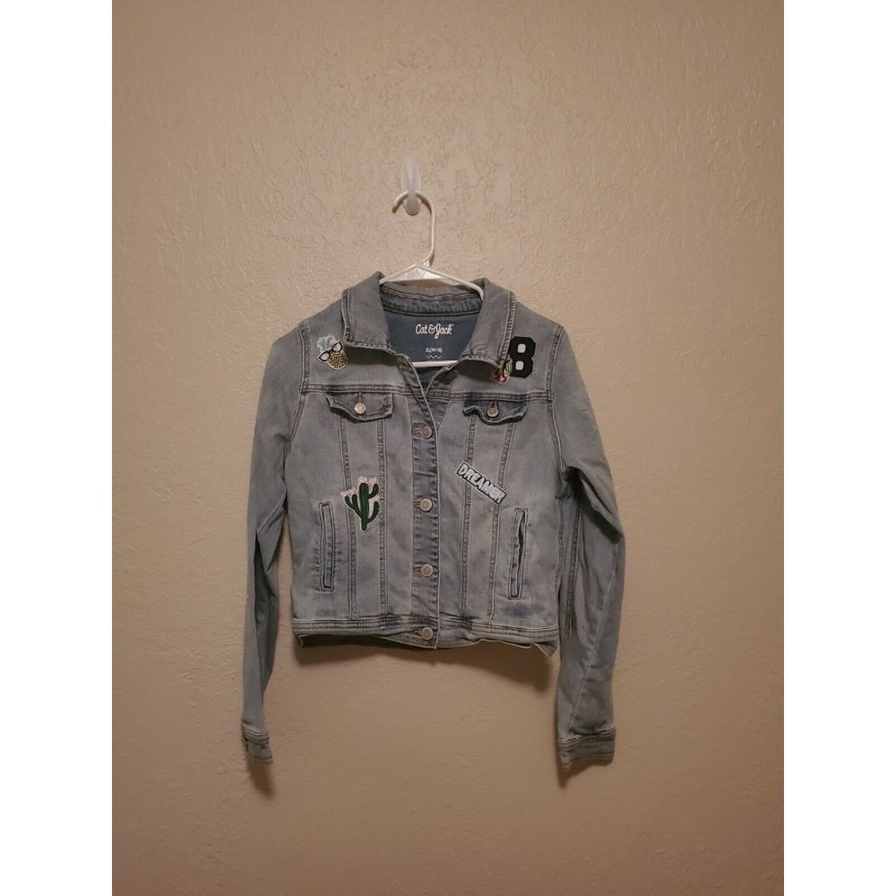 Cat and Jack Jean Jacket Girls Size XL (14-16) snap front  with patches